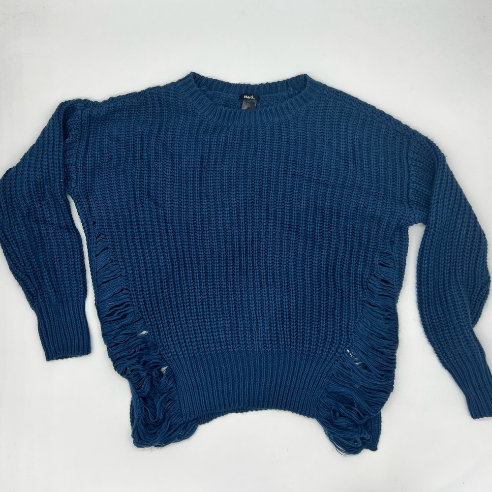 Mark. Blue Distressed Crew Neck Sweater